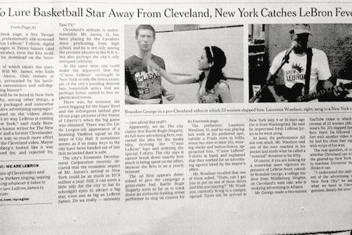 A page of The New York Times, the story that ran from the front page, with a photograph of Brandon in his Cleveland jersey.